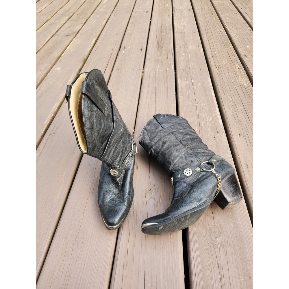 Vintage 90s Dingo Cowboy Boots Black Leather Harness Star Chain Slouchy Size 8M